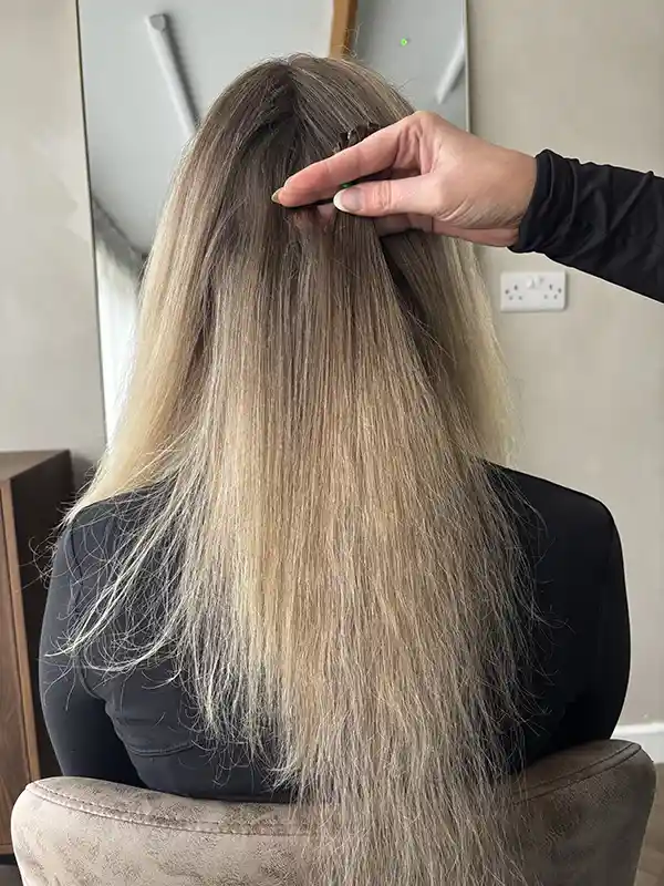 Assessing client's natural hair colour before fitting extensions